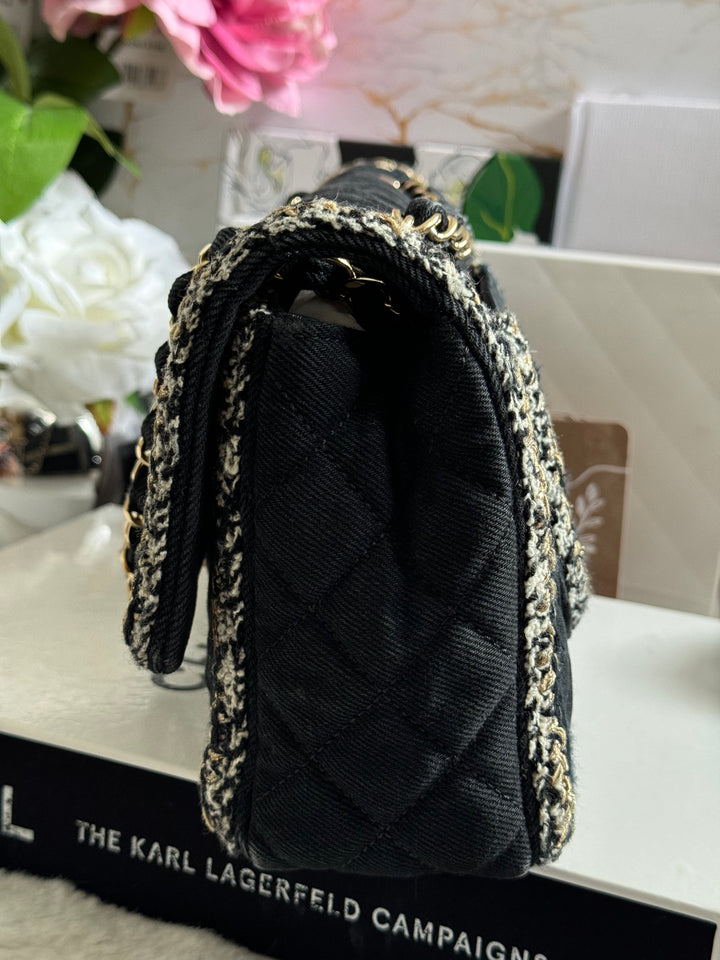 Chanel series 26 Black Denim LGHW Braided in Gold/White/Black Medium Flap Bag