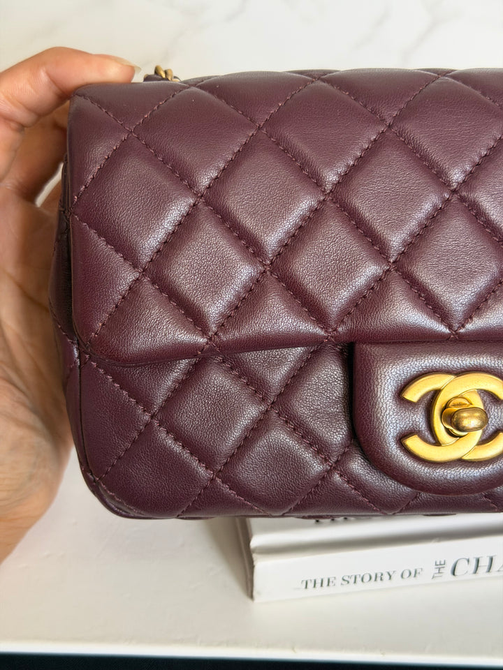 CHANEL 21B Burgundy Lambskin Aged GHW Pearl Crush Mini Rectangular Flap Bag 2021