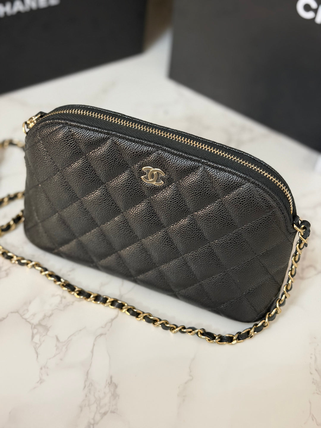 CHANEL Black caviar LGHW Vanity Bag with Chain