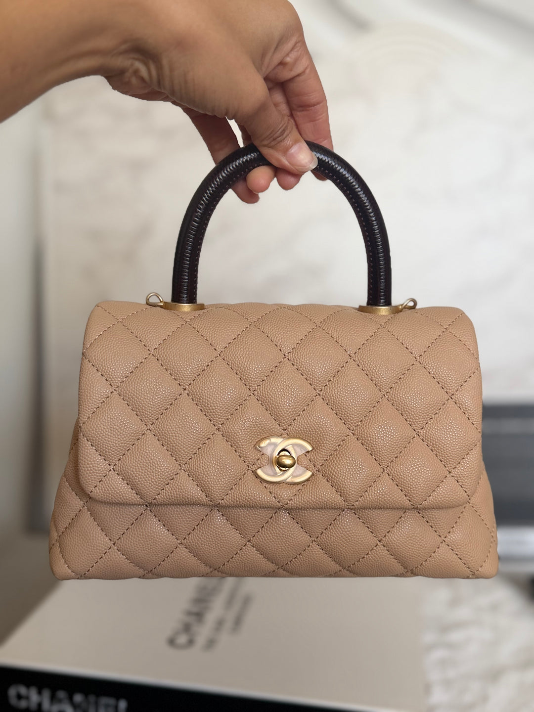 CHANEL series 29 Beige Caviar Aged GHW Deep burgundy Lizard Handle Coco Handle size Small 2019/2020