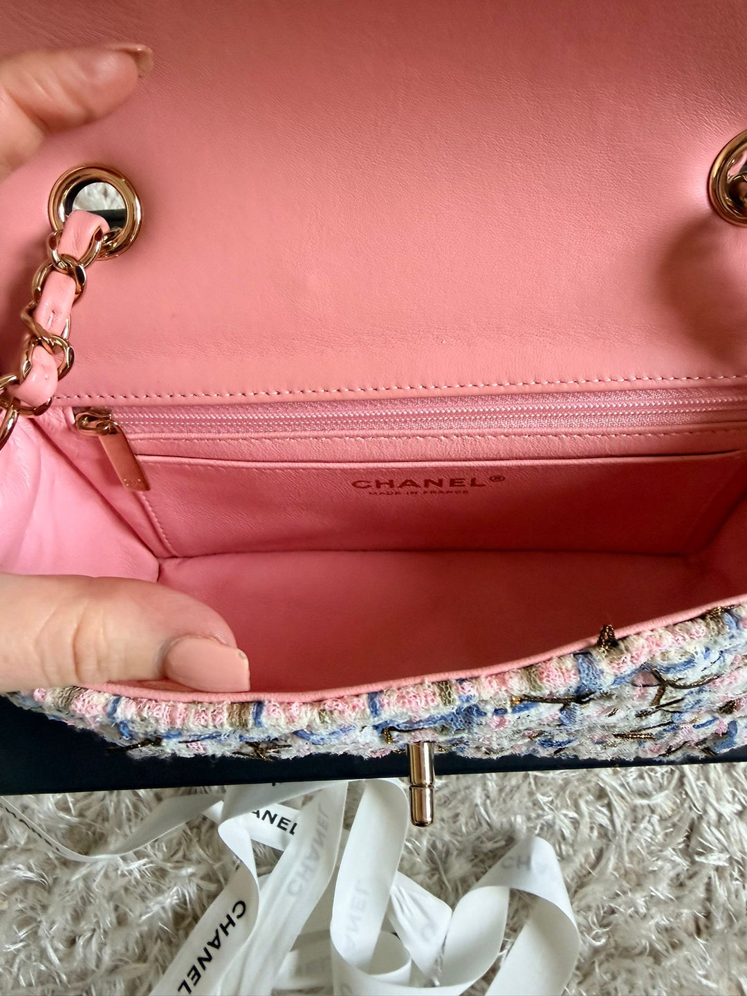 CHANEL Series 27 Pink Blue Green Ecru Gold Tweed Mini Flap Bag LGHW 2018