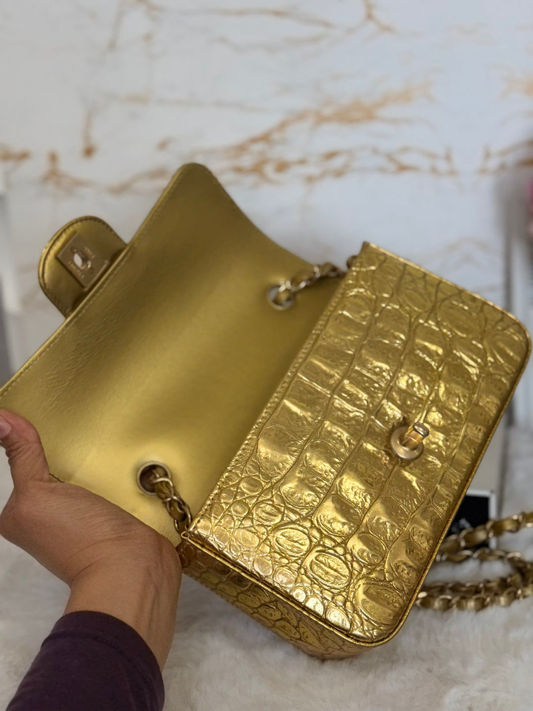CHANEL series 28 19A Metiers d'Art collection Gold Croc Embossed Calf Skin Mini Rectangular Flap Bag with Aged GHW 2019 RARE