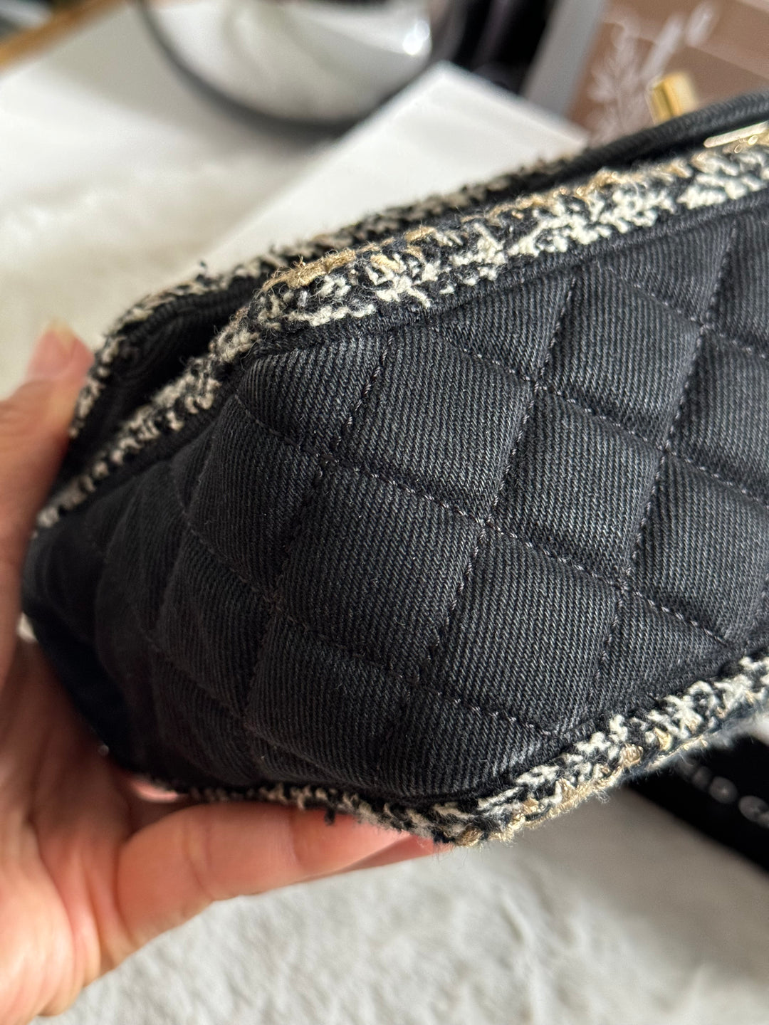 Chanel series 26 Black Denim LGHW Braided in Gold/White/Black Medium Flap Bag