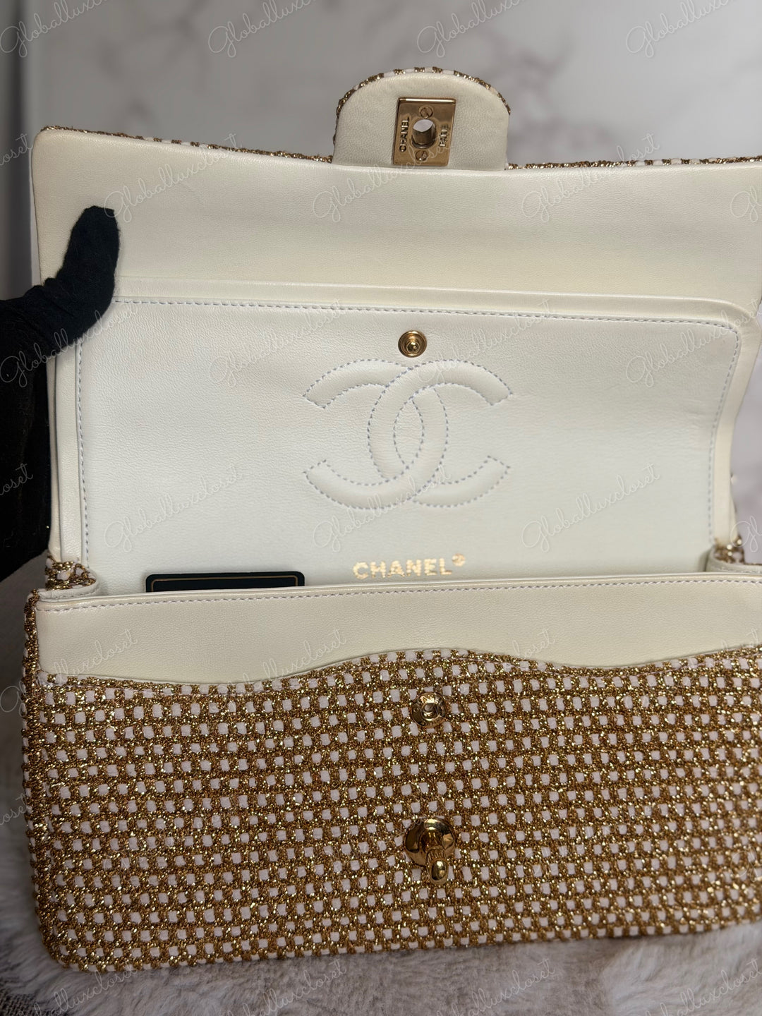 CHANEL series 17 Beige/Ivory Gold Tweed Medium ML Timeless Classic Double Flap Bag 2012 with LGHW