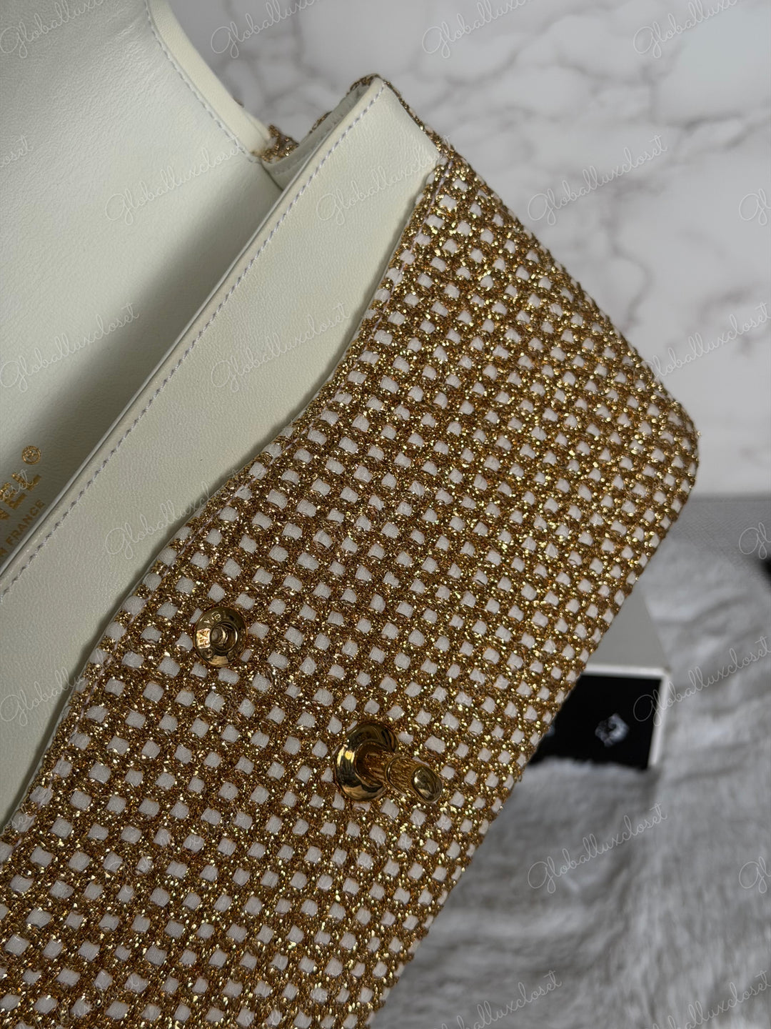 CHANEL series 17 Beige/Ivory Gold Tweed Medium ML Timeless Classic Double Flap Bag 2012 with LGHW