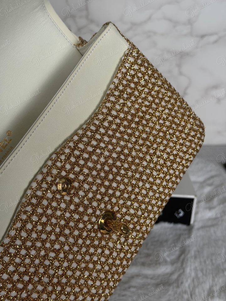 CHANEL series 17 Beige/Ivory Gold Tweed Medium ML Timeless Classic Double Flap Bag 2012 with LGHW