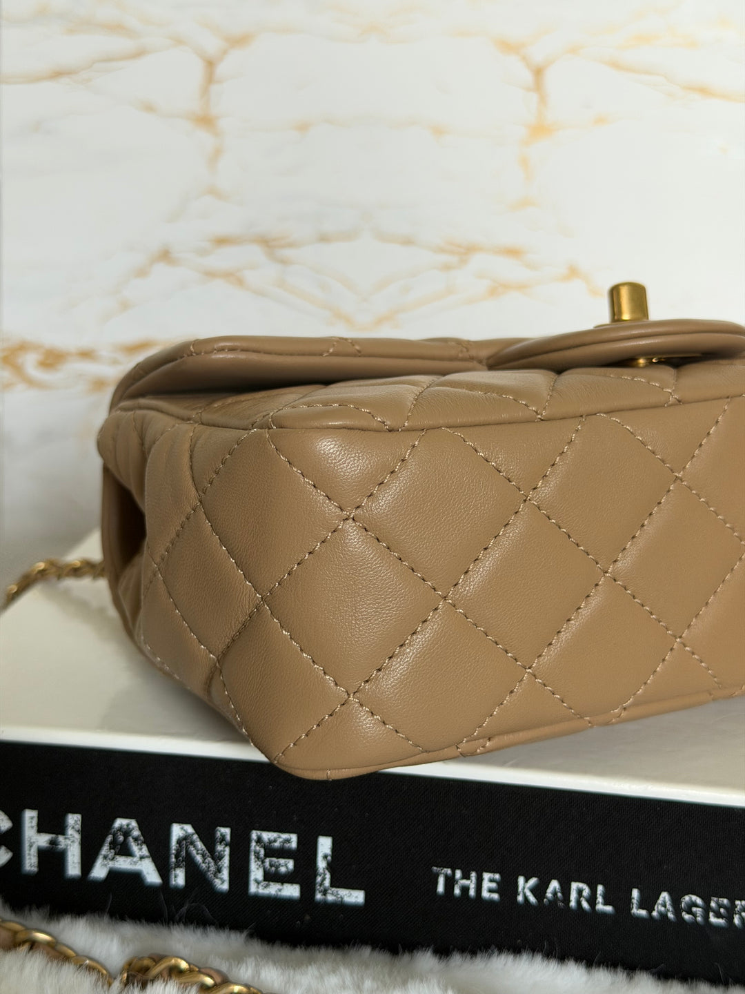 CHANEL 22B Taupe Dark Beige Lambskin Aged GHW Pearl Crush Adjustable Chain Mini Rectangular Flap Bag 2022