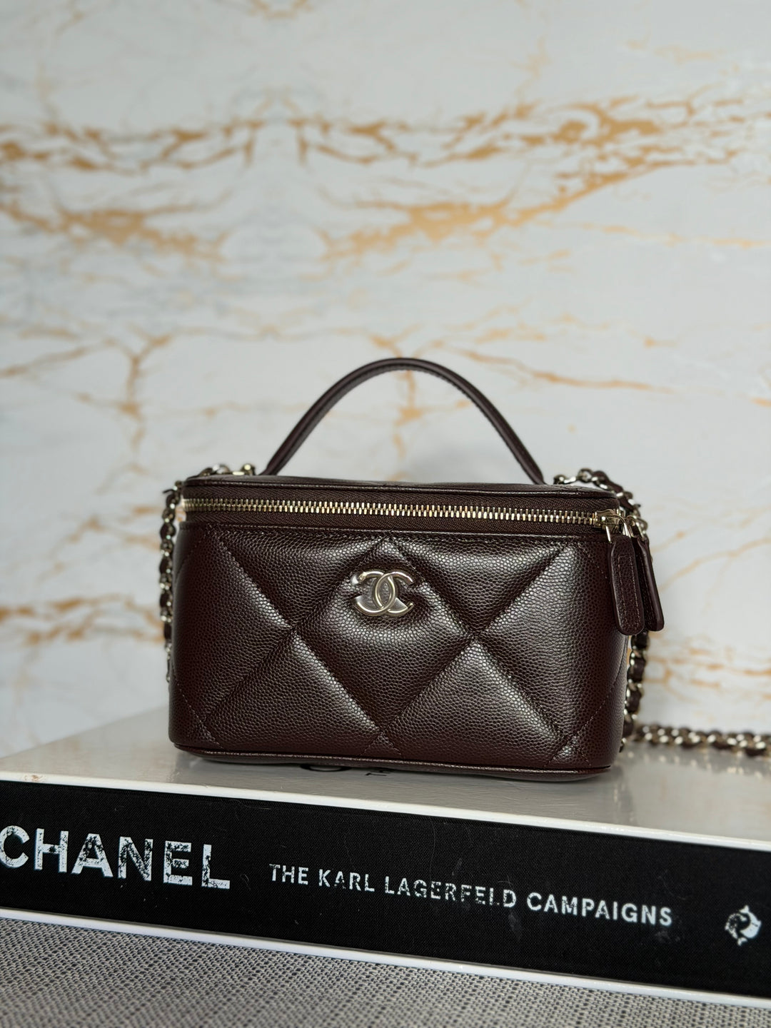 CHANEL 26S Dark Brown Caviar LGHW Small Vanity Case with Top Handle