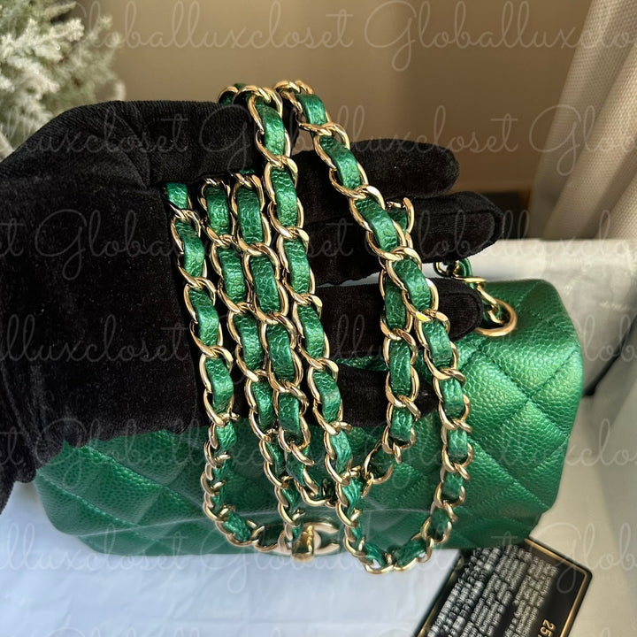 CHANEL 18S Series 25 Emerald Green Caviar LGHW Mini rectangular flap bag 2018 RARE UNICORN FIND