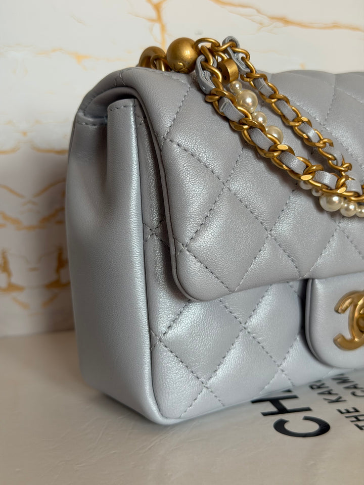 CHANEL Pearl Twist Pearly Light Blue Lambskin Mini Flap Bag 2023