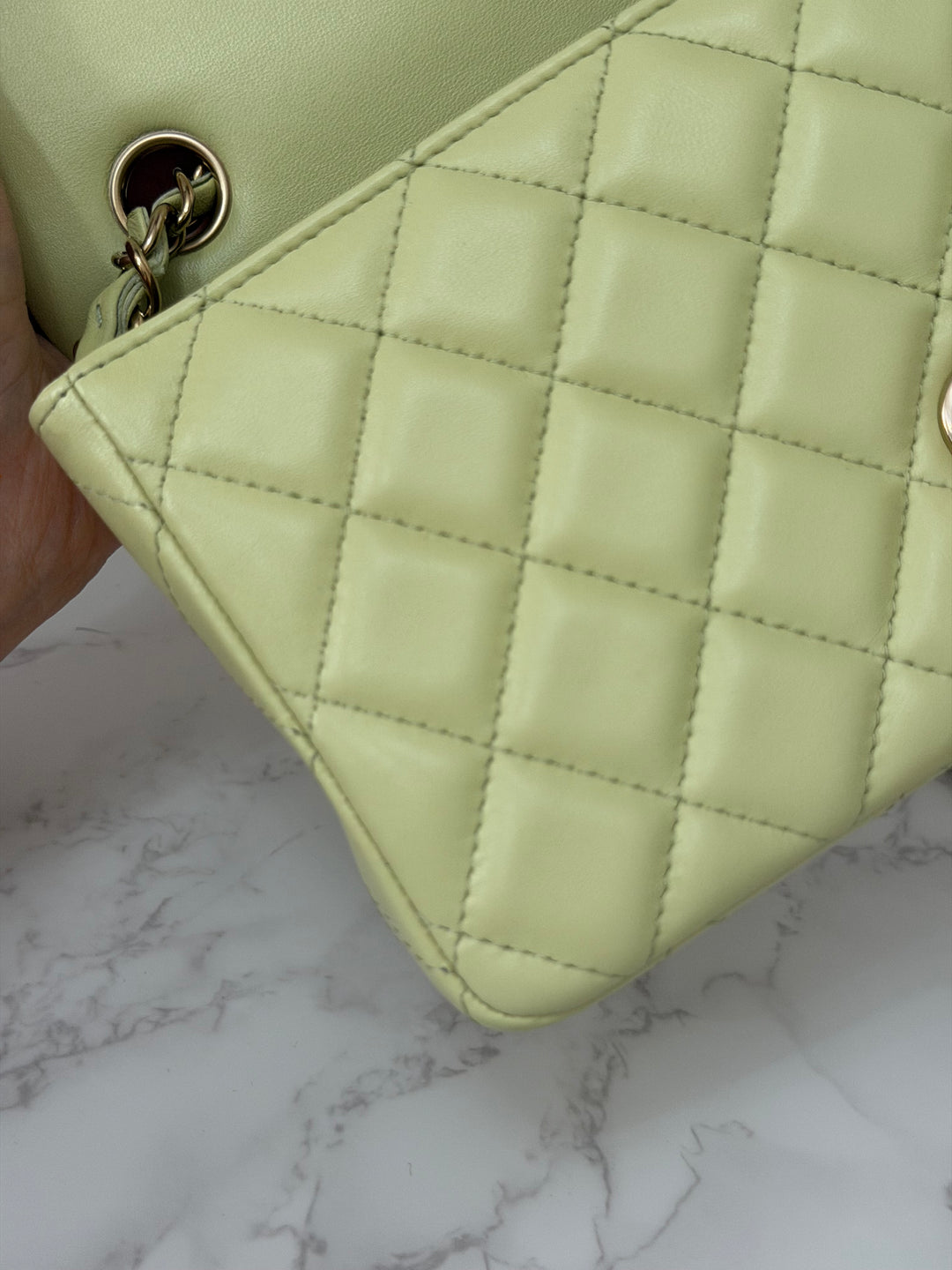 CHANEL 23C Collection 2022/2023 Cruise Pistachio Green Lambskin Mini Rectangular Flap Bag with Champagne GHW