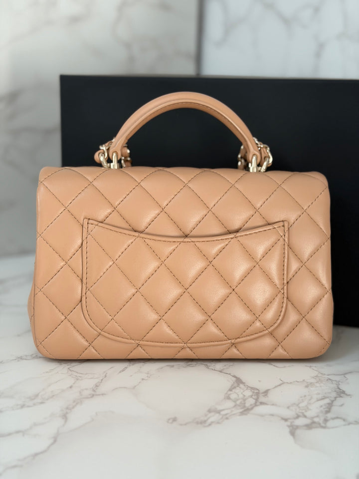 CHANEL 23K 2023 Dark Beige NR649 Lambskin LGHW Mini Rectangular Flap Bag with Top Handle