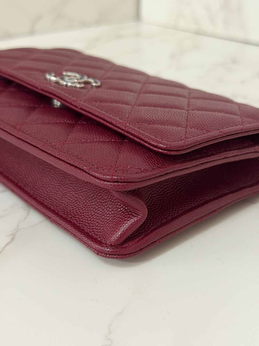 CHANEL 2024 Burgundy Caviar SHW Classic Wallet on chain (WOC) with crystal CC Logo