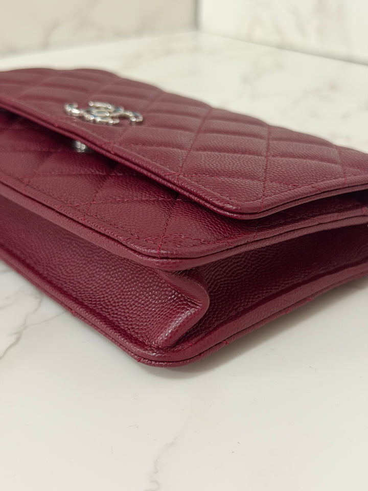 CHANEL 2024 Burgundy Caviar SHW Classic Wallet on chain (WOC) with crystal CC Logo