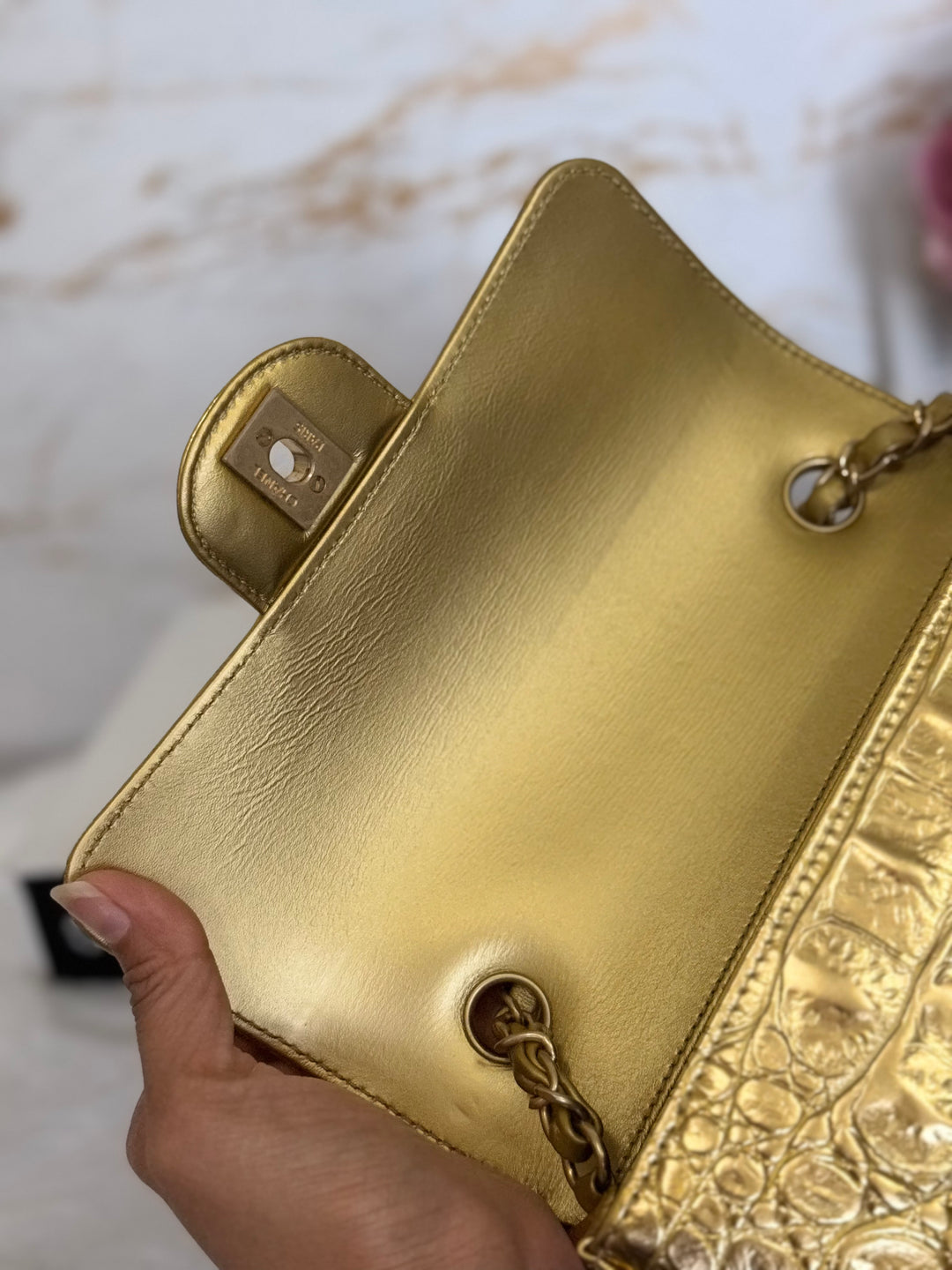 CHANEL series 28 19A Metiers d'Art collection Gold Croc Embossed Calf Skin Mini Rectangular Flap Bag with Aged GHW 2019 RARE
