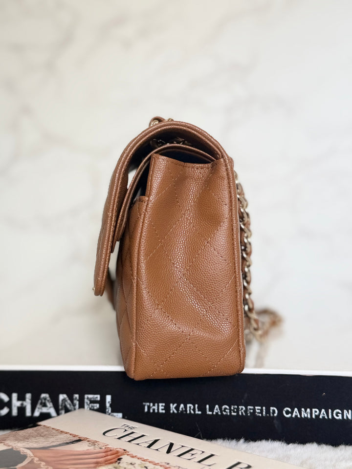 CHANEL 17C Brown Caramel Caviar LGHW Medium ML Timeless Classic Double Flap Bag 2016/2017