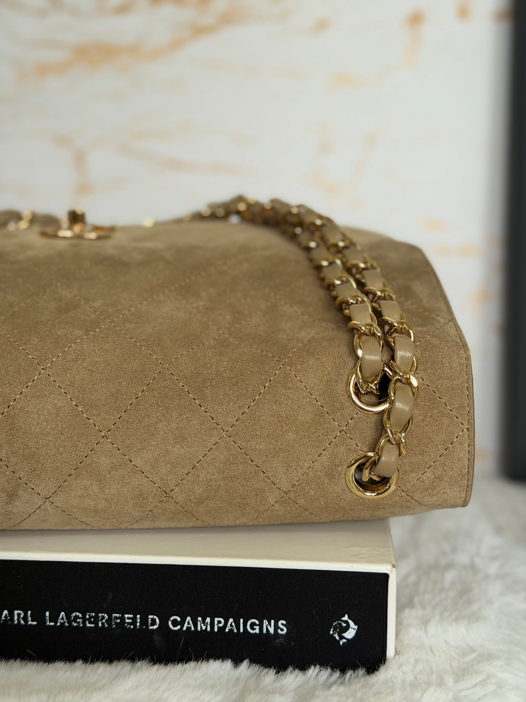 CHANEL 26S Beige Suede Leather LGHW Maxi Flap Bag 32 cms