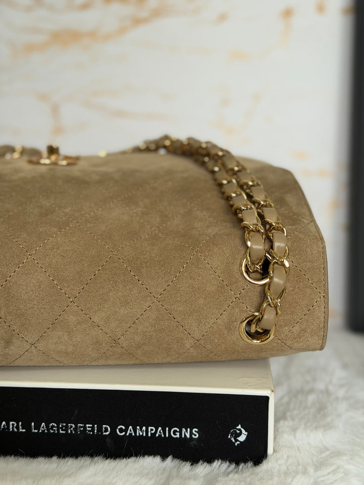 CHANEL 26S Beige Suede Leather LGHW Maxi Flap Bag 32 cms
