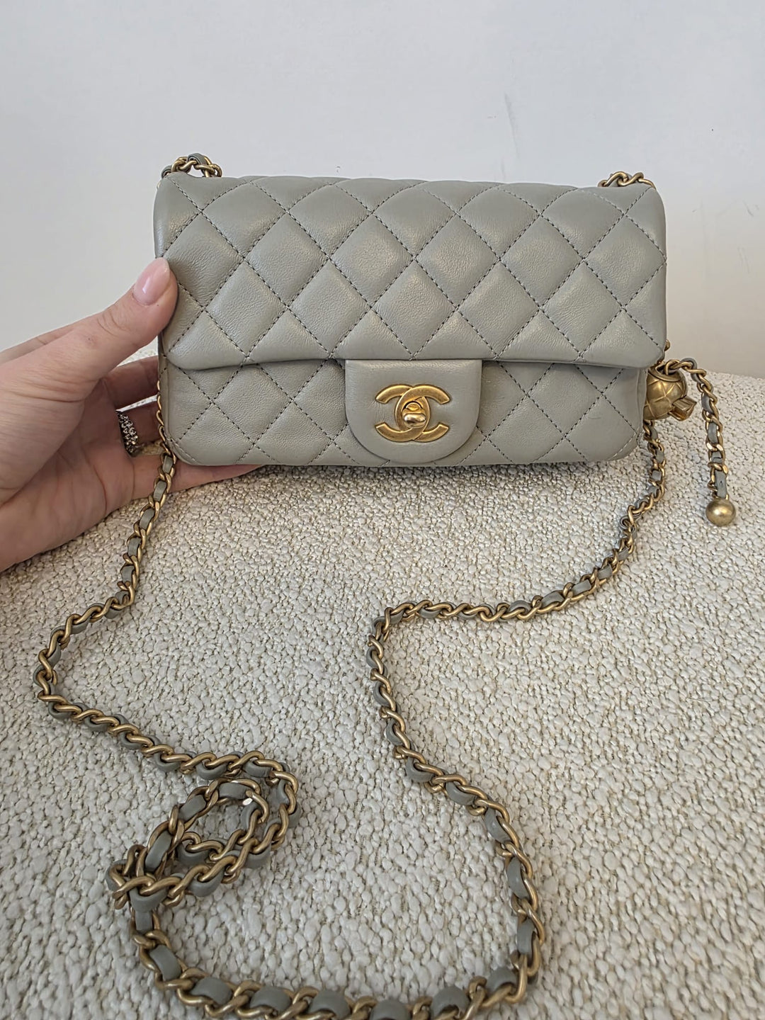 CHANEL Grey Lambskin Adjustable Chain Pearl Crush Mini Rectangular Flap Bag with Aged GHW
