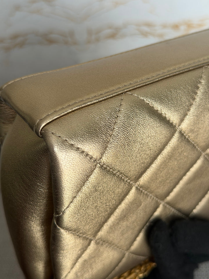 CHANEL Gold Metallic Lambskin CC Crystal Logo Chain Flap Bag 2022