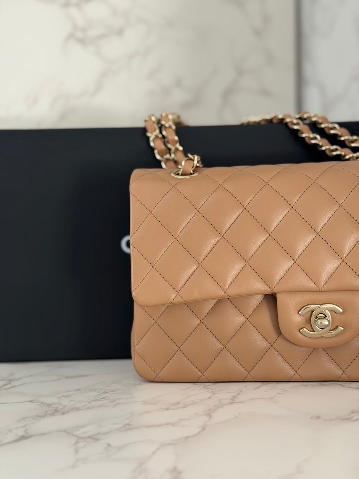 CHANEL 22K 2022 Dark Beige Lambskin LGHW Medium ML Timeless Classic Double Flap Bag