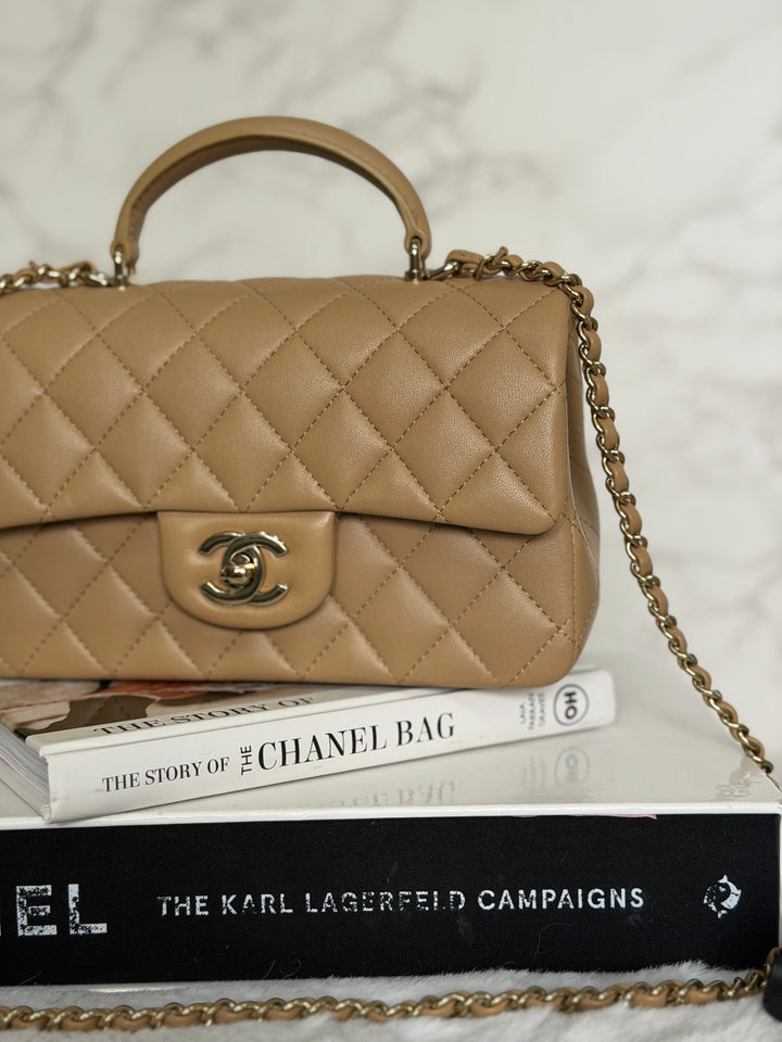 CHANEL Dark Beige Lambskin LGHW Mini Rectangular Flap Bag with Top Handle 2023