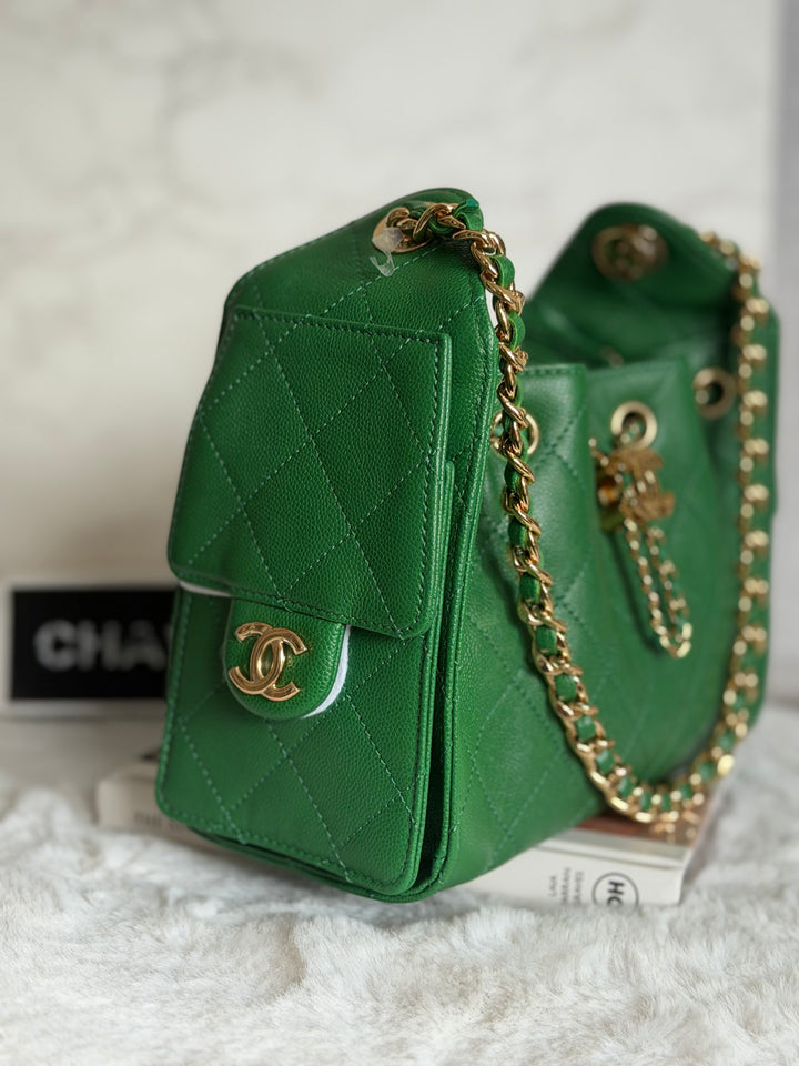 CHANEL Métiers d’art 2026 26A Green Caviar Shiny GHW MINI 25 Hobo Bag