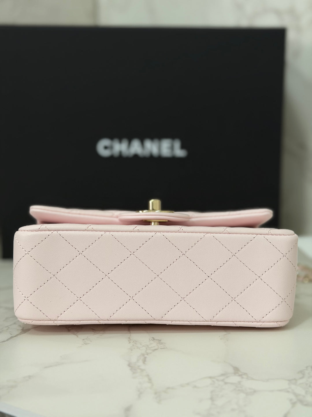 CHANEL 22P 2022 Sakura Light Pink Lambskin LGHW Mini Rectangular Flap Bag with Top Handle