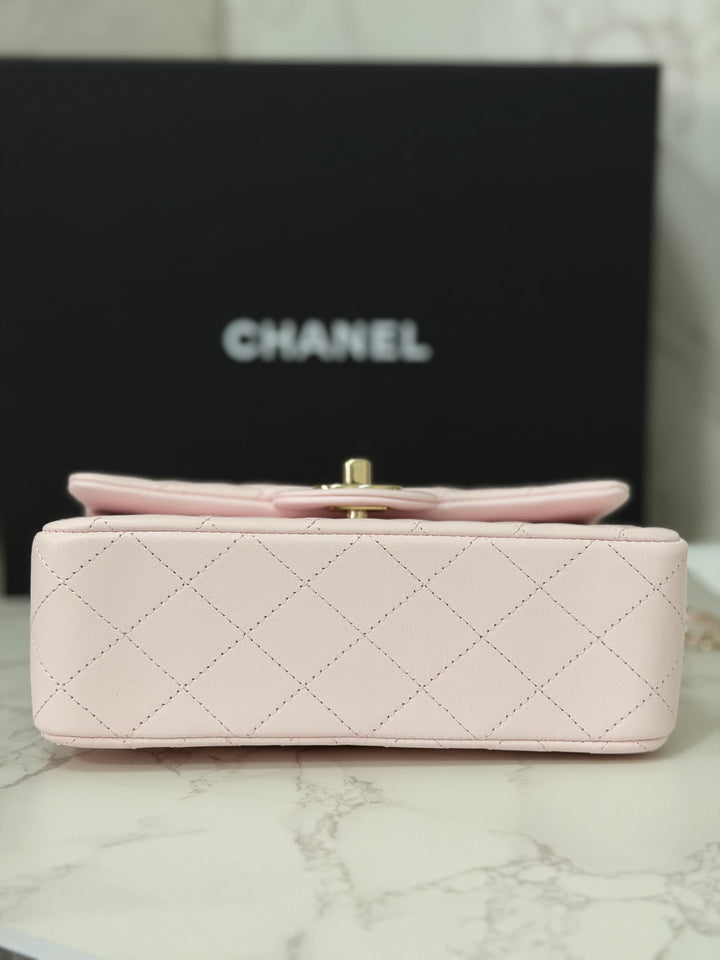 CHANEL 22P 2022 Sakura Light Pink Lambskin LGHW Mini Rectangular Flap Bag with Top Handle
