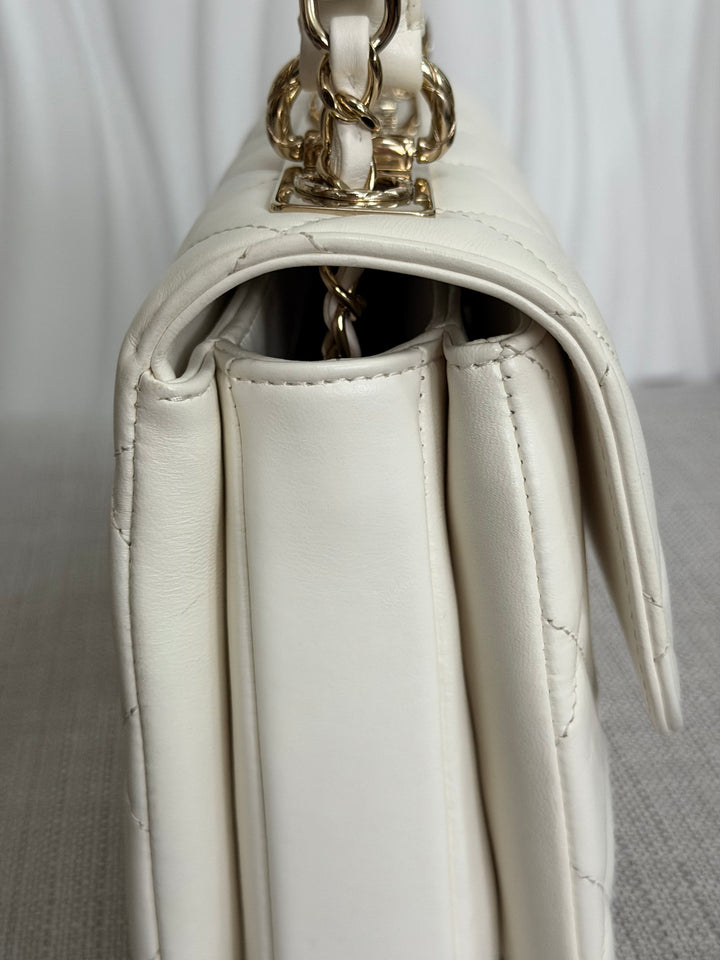 CHANEL 23S collection 2023 White Lambskin LGHW Trendy CC Flap Bag size Small with raised CHANEL Engraved Plate Top Handle
