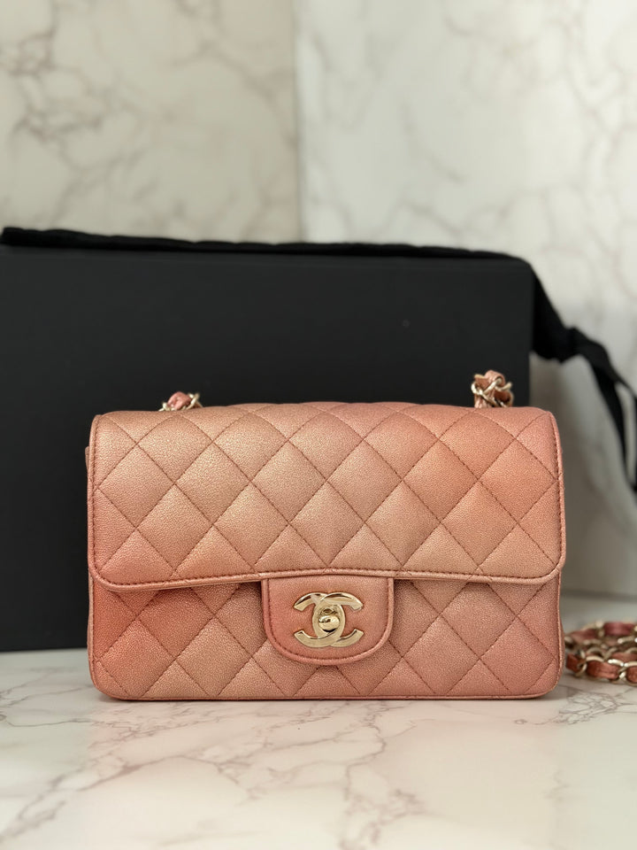 CHANEL 21S Ombré Rose Gold Metallic Copper Lambskin LGHW Mini Rectangular Flap Bag 2021