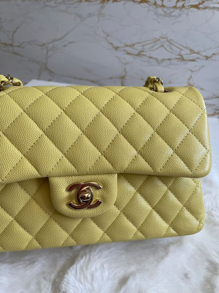 Chanel 20S 2020 Spring/Summer Collection Yellow Caviar LGHW Small Timeless Classic Double Flap Bag