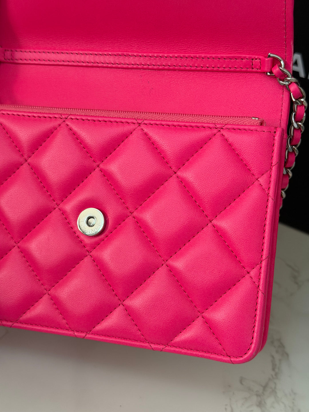 CHANEL 24C 2023/2024 Bright Hot Pink Ombré Hardware Square Wallet on Chain (WOC)