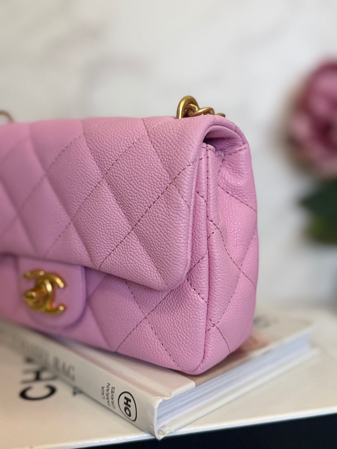 CHANEL 23P Mauve Pink Caviar Heart Adjustable Chain Aged GHW Mini Flap Bag 2023