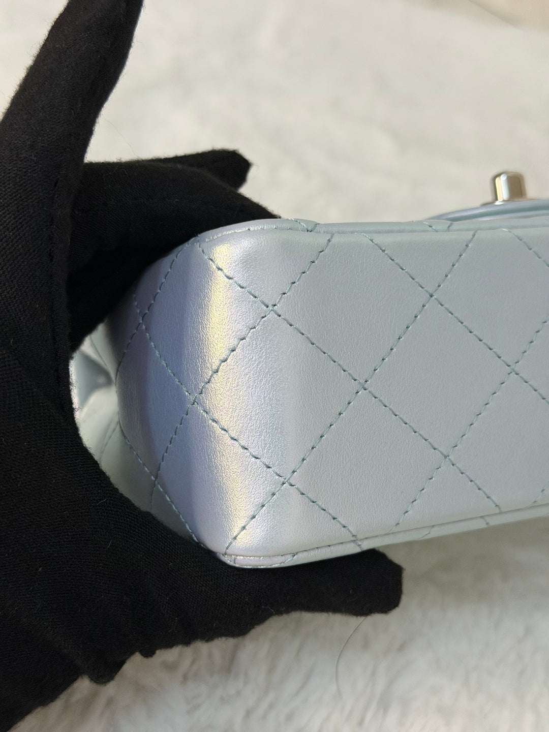 CHANEL 21K 2021 Iridescent light Blue Calf skin SHW Mini rectangular flap bag microchip