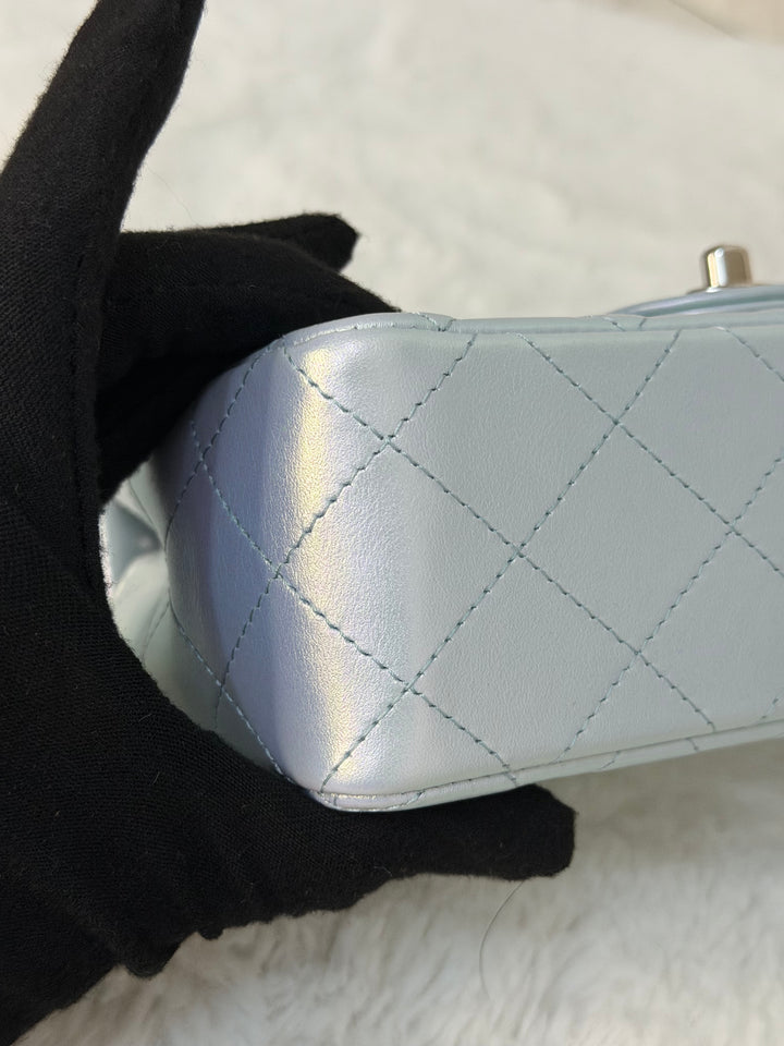 CHANEL 21K 2021 Iridescent light Blue Calf skin SHW Mini rectangular flap bag microchip