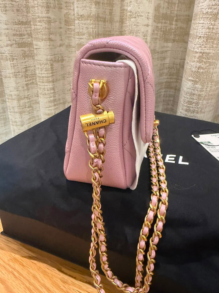 CHANEL 21K iridescent pink caviar aged GHW Adjustable chain My Perfect Mini Flap Bag 2021