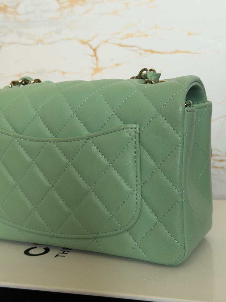 CHANEL Pastel Green Lambskin LGHW Mini Rectangular Flap Bag 2024 8 inches 20 cms