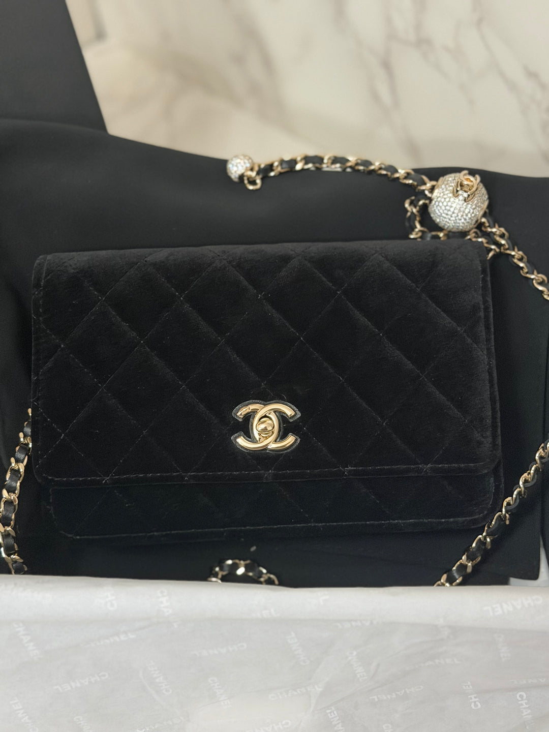 CHANEL 2025 Black Velvet Crystal Pearl Crush Adjustable Strap Wallet on Chain (WOC)