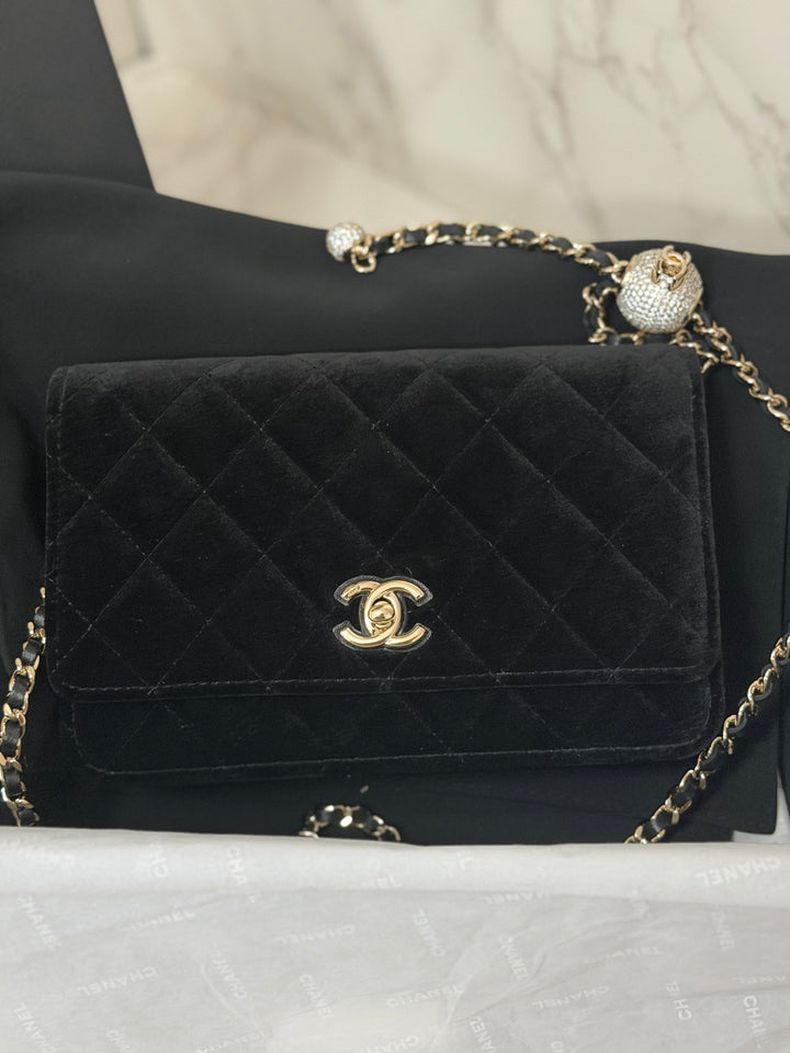 CHANEL 2025 Black Velvet Crystal Pearl Crush Adjustable Strap Wallet on Chain (WOC)