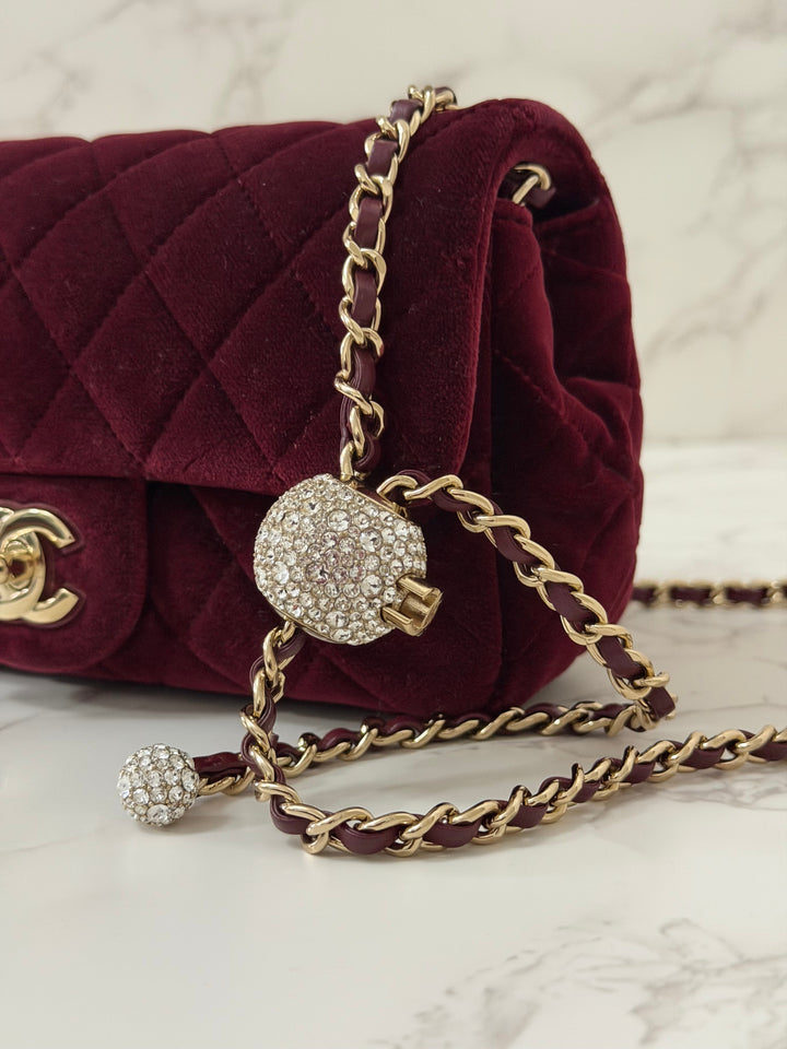 CHANEL series 31 Burgundy Dark Red Velvet Crystal Pearl Crush Adjustable Strap Mini Rectangular Flap Bag 2020/2021