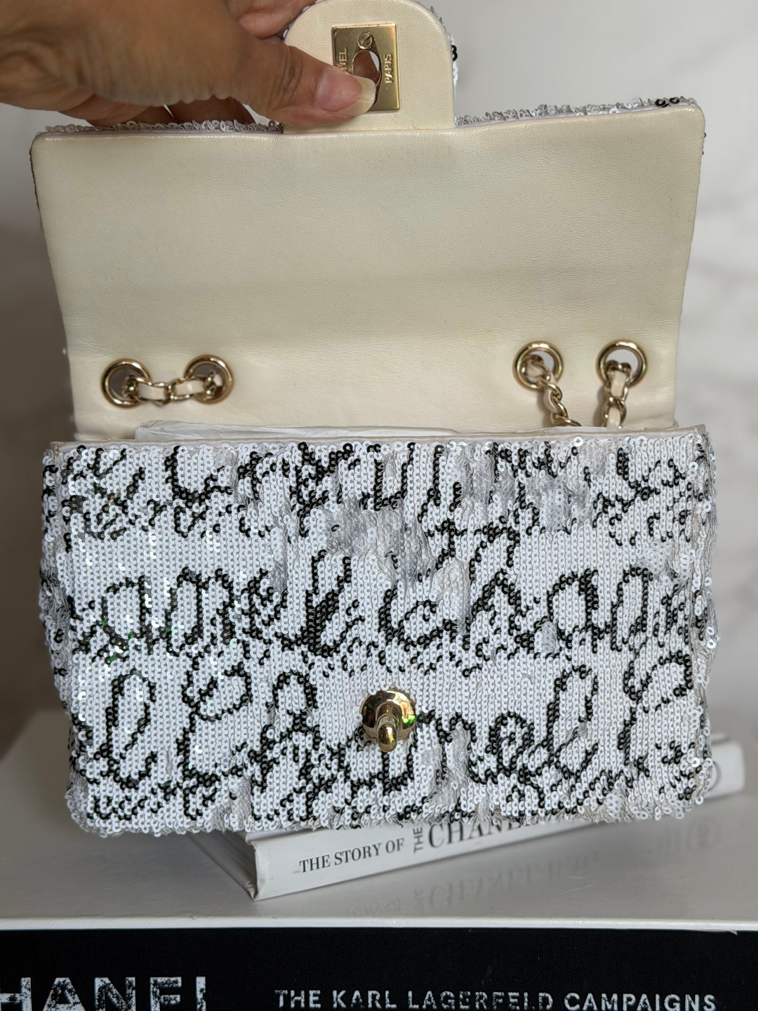 CHANEL 22C White and Black Sequin SMALL Flap Bag LGHW 2022