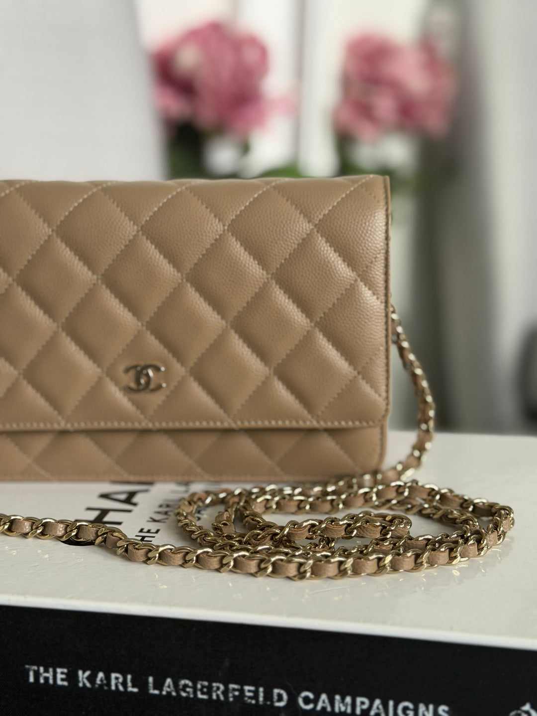 CHANEL 22A Dark Beige Caviar LGHW Classic Wallet on chain (WOC) 2023