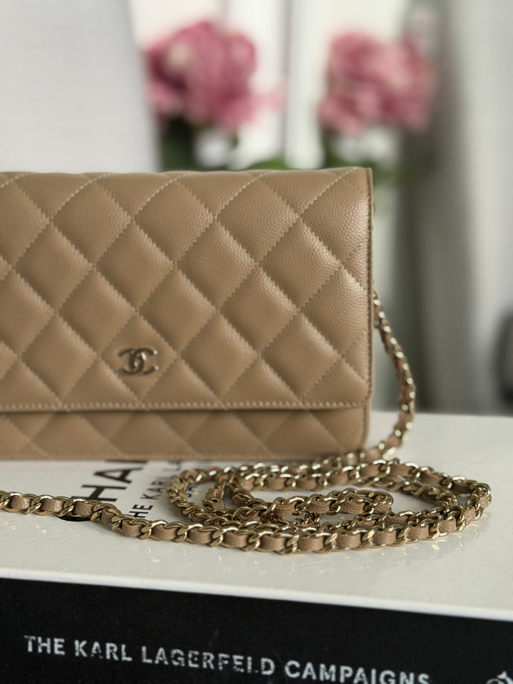 CHANEL 22A Dark Beige Caviar LGHW Classic Wallet on chain (WOC) 2023
