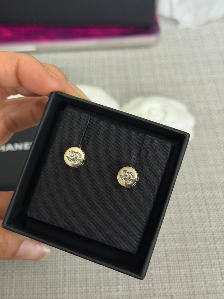 CHANEL 2024 Light Gold Round Earrings with Crystals 0.5 cms diameter