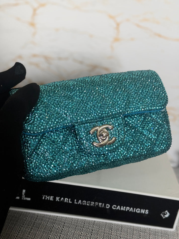 CHANEL series 21 Turquoise Teal Green Blue Diamanté Swarovski Crystal Strasssd Extra Mini Flap Bag with SHW *unicorn* RARE