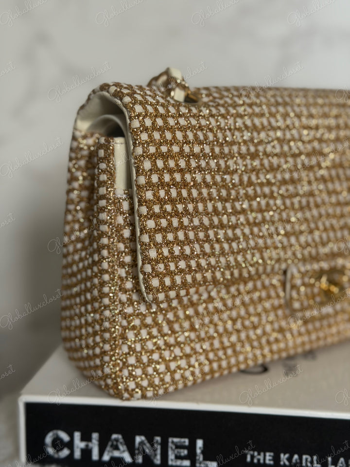 CHANEL series 17 Beige/Ivory Gold Tweed Medium ML Timeless Classic Double Flap Bag 2012 with LGHW