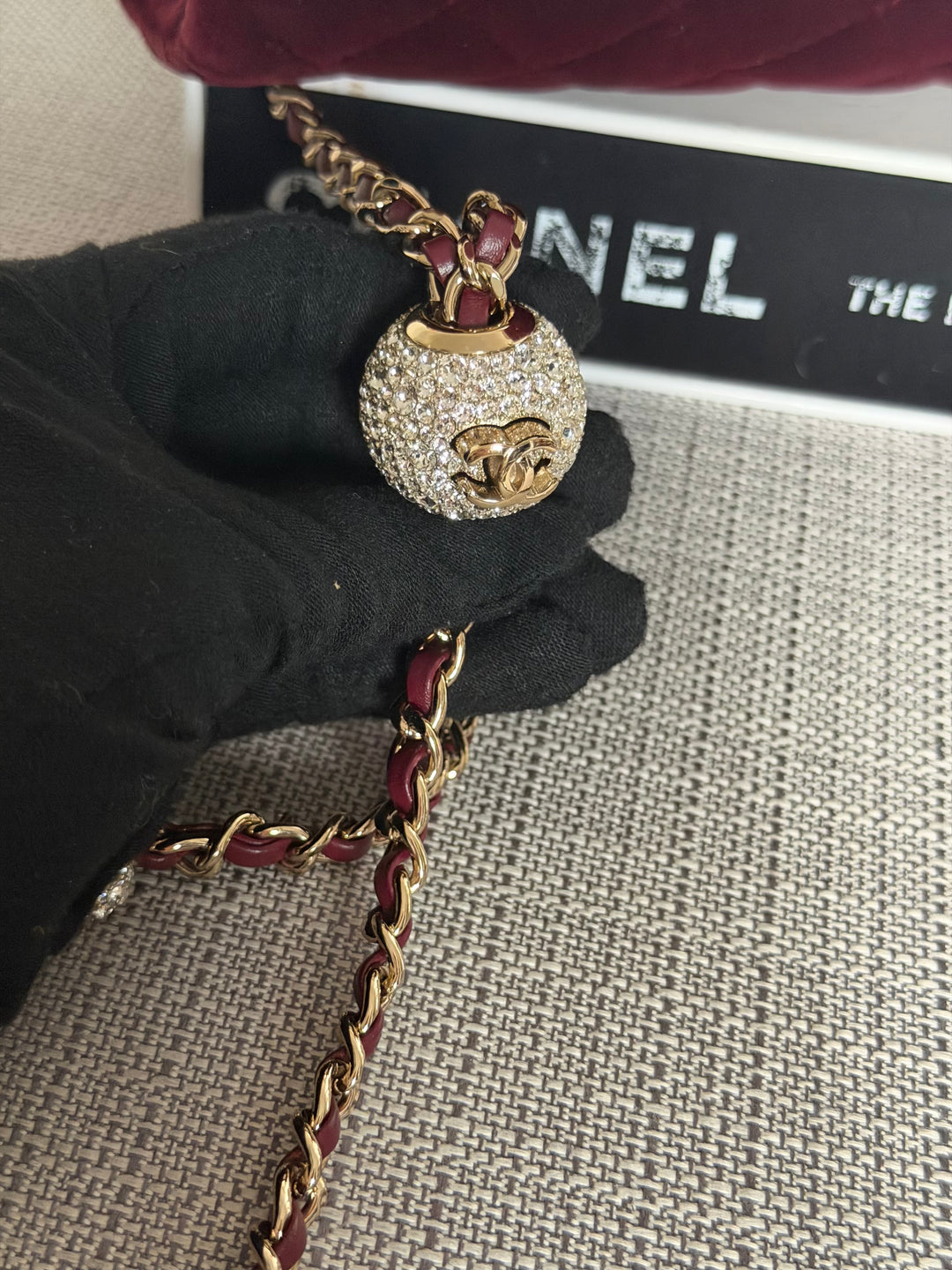 CHANEL series 31 Burgundy Dark Red Velvet Crystal Pearl Crush Adjustable Strap Mini Rectangular Flap Bag 2020/2021