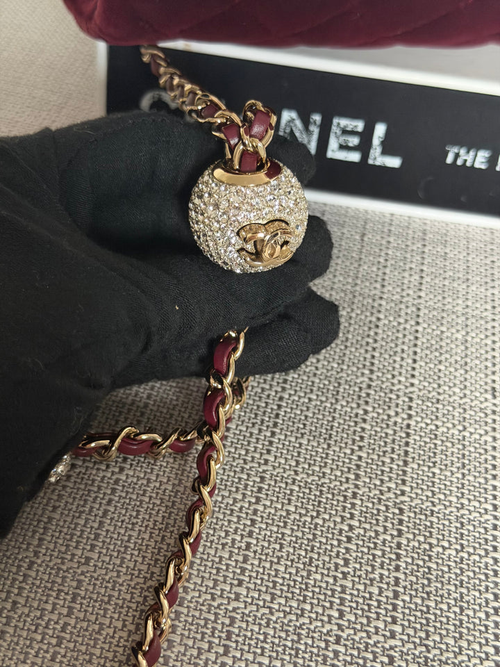 CHANEL series 31 Burgundy Dark Red Velvet Crystal Pearl Crush Adjustable Strap Mini Rectangular Flap Bag 2020/2021