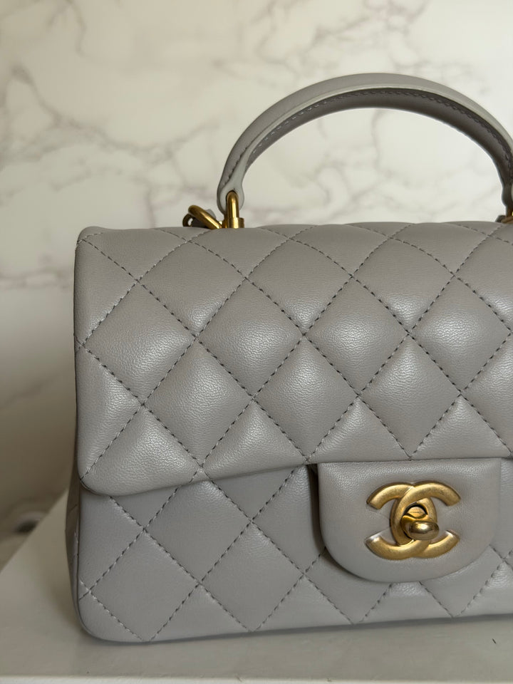 CHANEL 21A Grey Lambskin Aged GHW Top Handle Mini Rectangular Flap Bag 2021